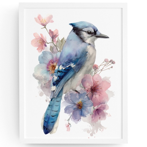 Watercolor Floral Blue Jay Art Print - Unframed Wall Decor - Picture 1 of 6